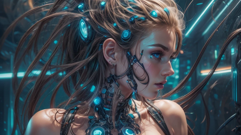 A beautiful futuristic cybernetic girl with hair with strands of neural networks, full body, Futurism, UHD, super detail, best quality, 8k , frank Franzetta,