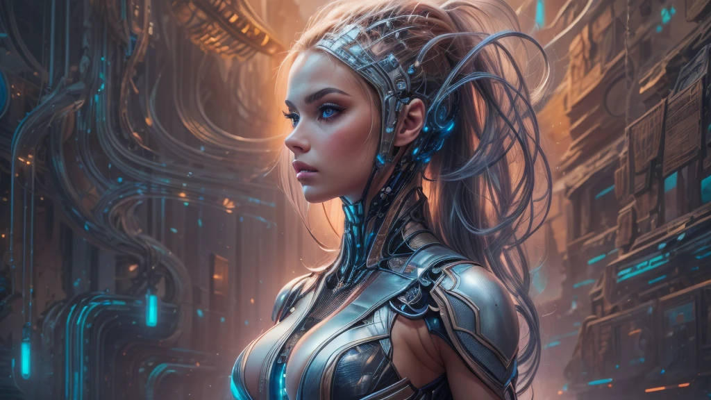 A beautiful futuristic cybernetic girl with hair with strands of neural networks, full body, Futurism, UHD, super detail, best quality, 8k , frank Franzetta,