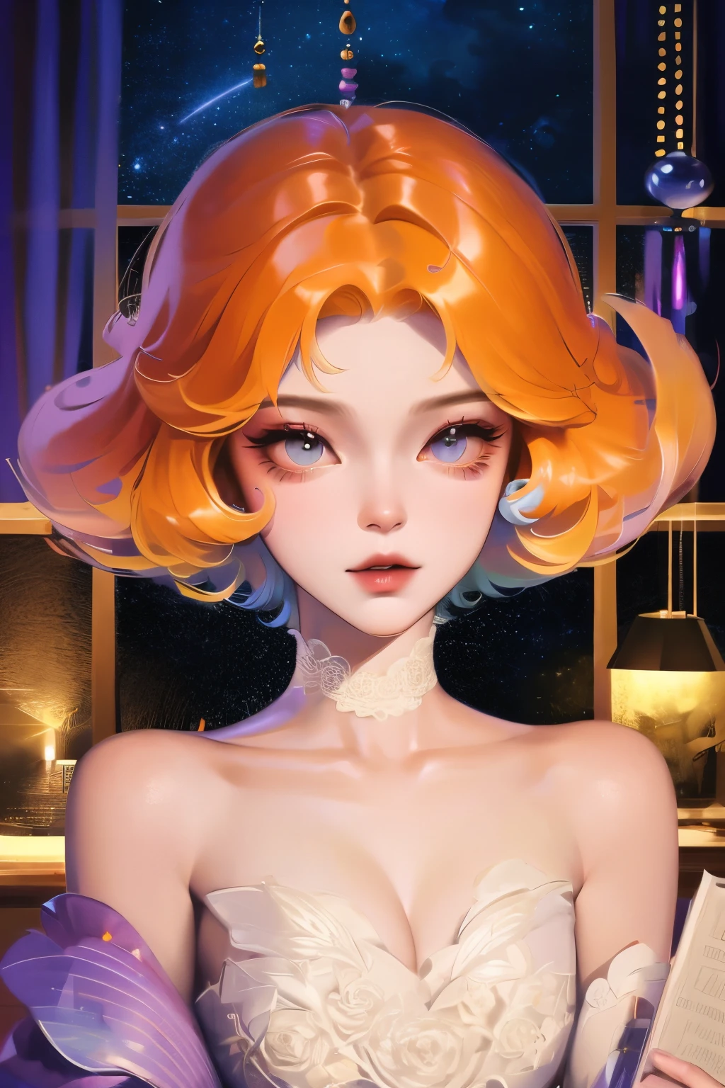 best quality, (masterpiece:1.2), illustration, absurd, (1 Girl, Solitary), (Beautiful and delicate girl), ((Upper Body, portrait)),, Kayla McMillan, short hair, Orange Hair, blue eyes, Medium breasts, blue crystal earrings, White jacket, , Cool, calm, looking at the audience,, Elegant bedroom interior, night, window, curtain, Starry Sky, lamp, bookcase, nightstand, vase, table,