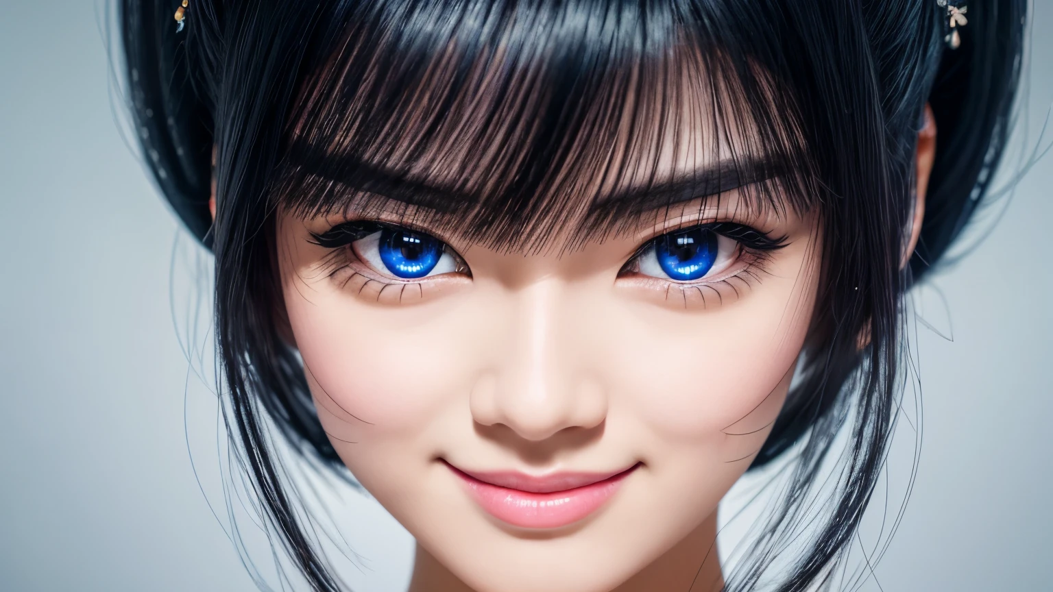 black hair, hair bobbles, wince, longeyelashes, solid circle eyes, light smile, Surrealism, drop shadow, anaglyph, stereogram, tachi-e, pov, 8k, super detail, ccurate, best quality