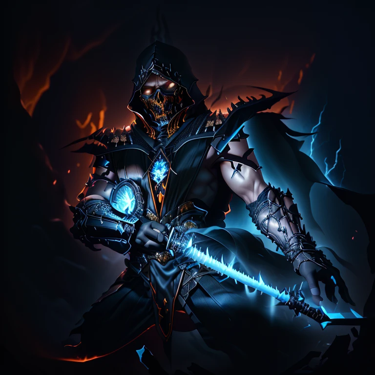 a close up of a person holding a sword in a dark room, lich king, the lich king, death knight, deathknight, dark sword in ares's hand, fractal thunder dan mumford, lich vecna (d&d), ice lord, epic fantasy digital art style, king of time reaper, the grim reapper, lord of cinder, epic fantasy art style