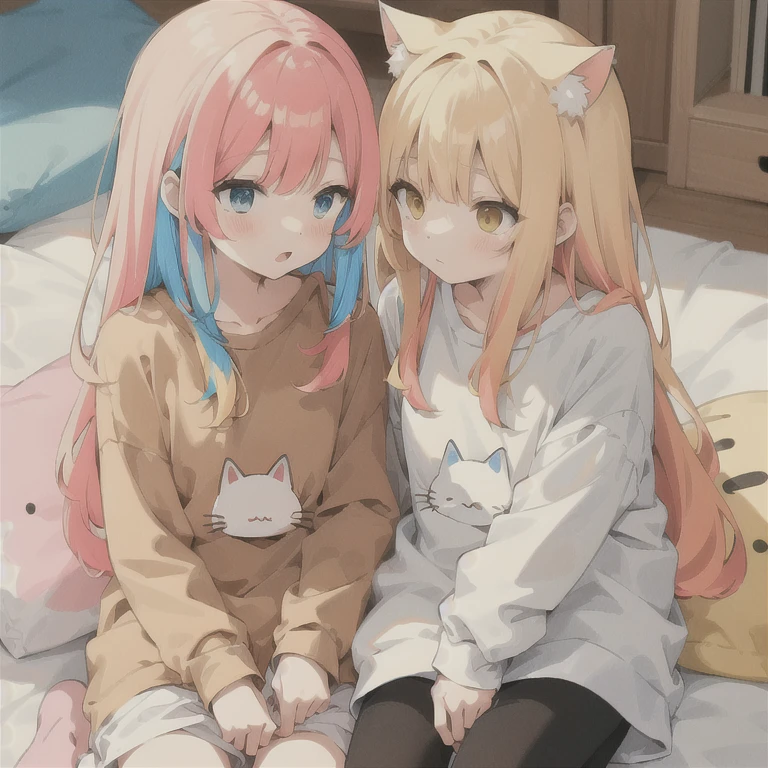 Cat and girl,Beige medium-long hair (Colorful and pop cute illustrations:1.3), SD