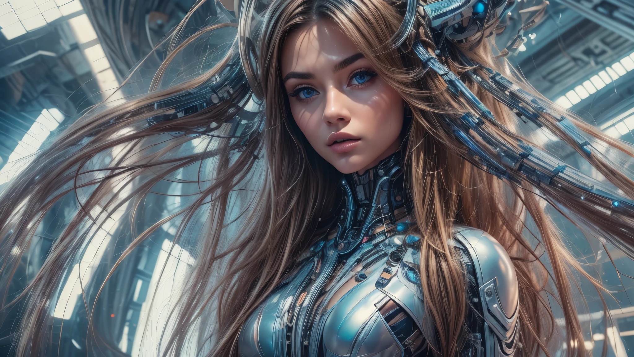 A beautiful futuristic cybernetic girl with hair with strands of neural networks, full body, Futurism, UHD, super detail, best quality, 8k , frank Franzetta,