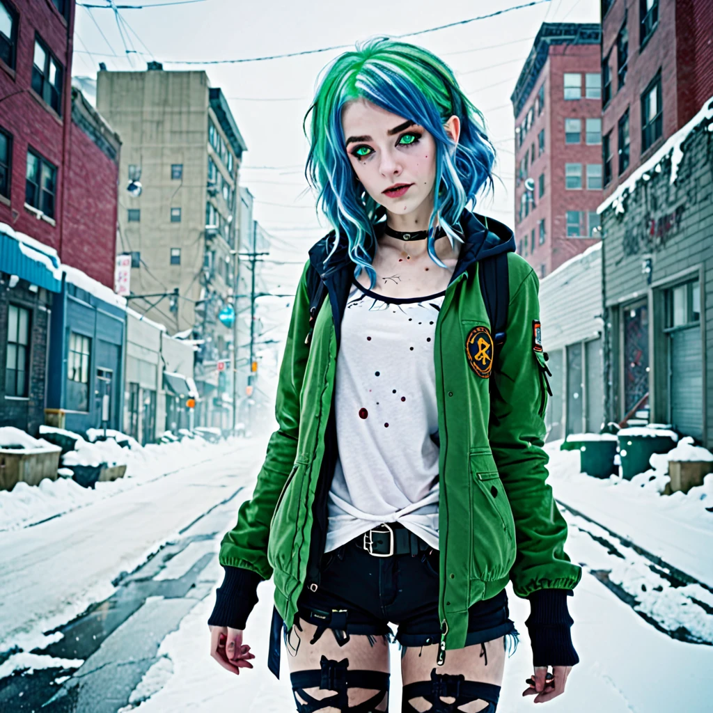 best quality,ultra high res,1girl,solo,full body,snow,city,, blue hair,green eyes,jk,zombie
