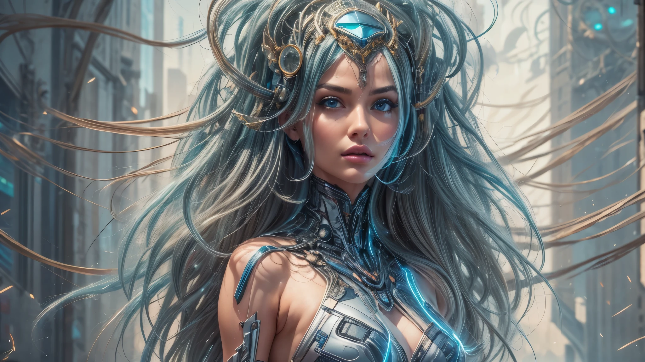 A beautiful futuristic cybernetic girl with hair with strands of neural networks, full body, Futurism, UHD, super detail, best quality, 8k , frank Franzetta,