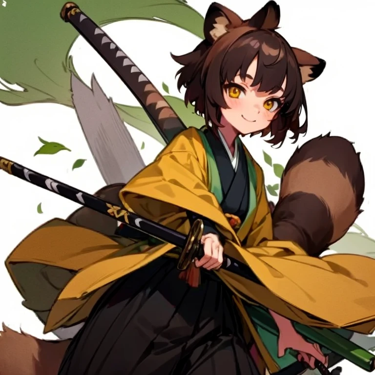Masterpiece, best quality, expressive eyes, perfect face, 1girl, animal ears, tail, brown hair, tanuki, smile, solo, japanese clothes, leaf, yellow eyes, weapon, raccoon tail, raccoon ears, sword, monster girl, short hair, looking at viewer