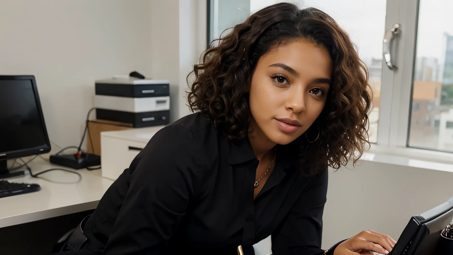 beautiful woman with curly hair, black skin, office clothes