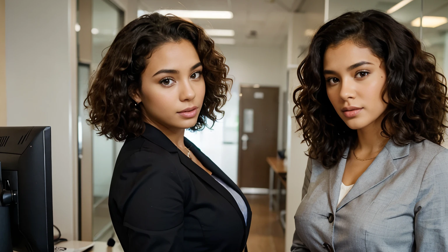 beautiful woman with curly hair, black skin, office clothes