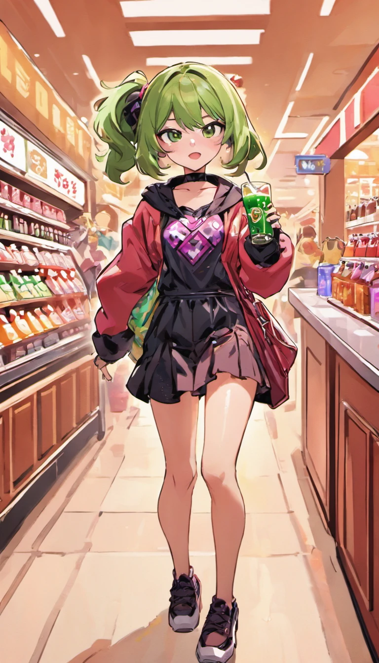 Shows an indie vtuber named Miyuki Zena who is walking while drinking macha drinks in the middle of a date in a shopping center wearing cute clothes With her little bag 