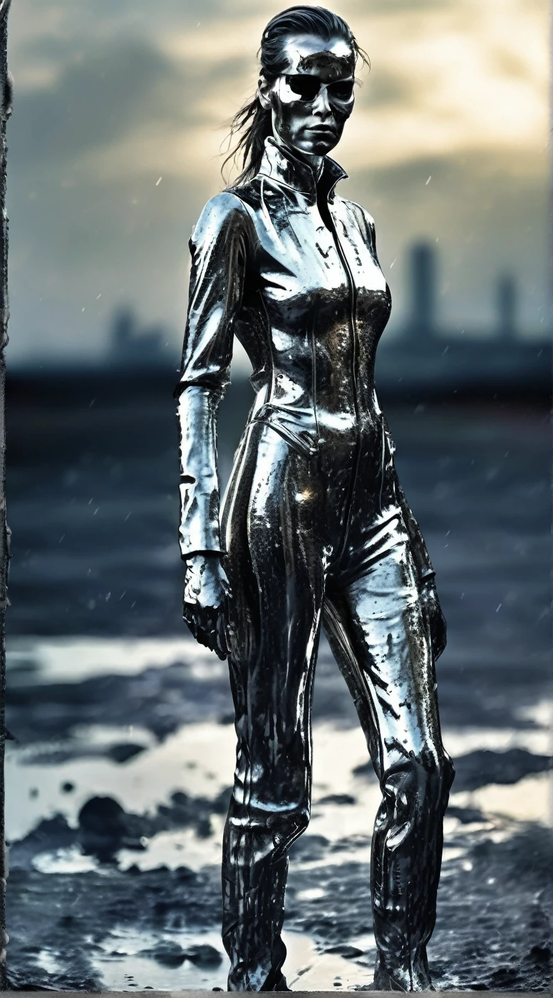 solvique full body female terminator on the battlefield, made of melting silver liquid, cinematic, enigmatic,  expressive , walking to me, sarcastic smile , 