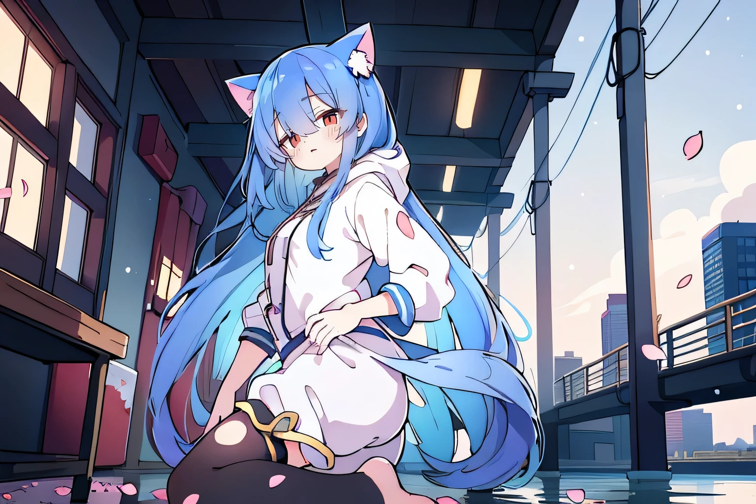 (masterpiece:1.2),Super detailed,lifelike,Expressive eyes,fair skin,perfect face shape,1 girl,
Japanese comics,Gorgeous blue hair,flowing blue hair,flowing clothes,Cat ears,Petals fall,beautiful lola,Baby Angel,
Shaking head with one hand,Cross your legs,Gentle and peaceful background,The pavilion is cool and comfortable,smile, wearing hoodie, background of tokyo,back views,snowing, winter,lie on the water.