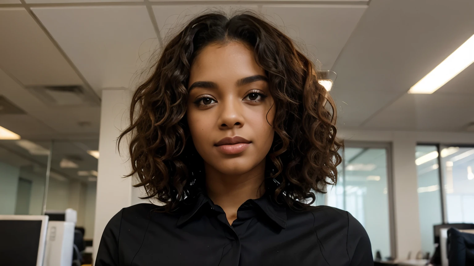 beautiful woman with curly hair, black skin, office clothes