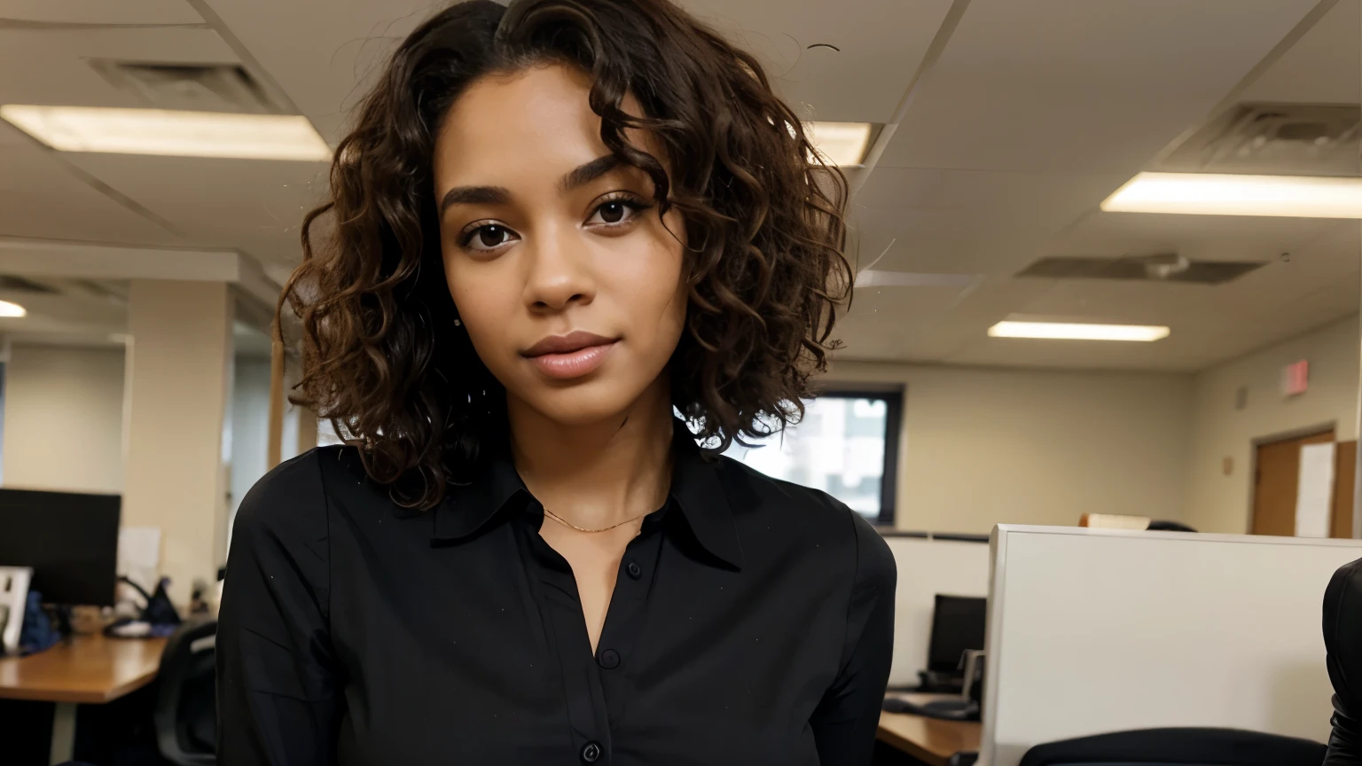 beautiful woman with curly hair, black skin, office clothes