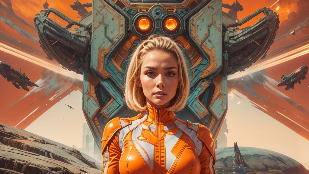 arafed image of a white woman in a futuristic suit with a spaceship in the background, movie art, in front of an orange background, inspired by Robert McGinnis, female protagonist, megastructure in the background, portrait of an ai astronaut, astronauts, an astronaut, portrait of a astronaut skeletor, perfect android girl, detailed eyes, perfectly detailed teeth, frank franzzeta and sakimichan  