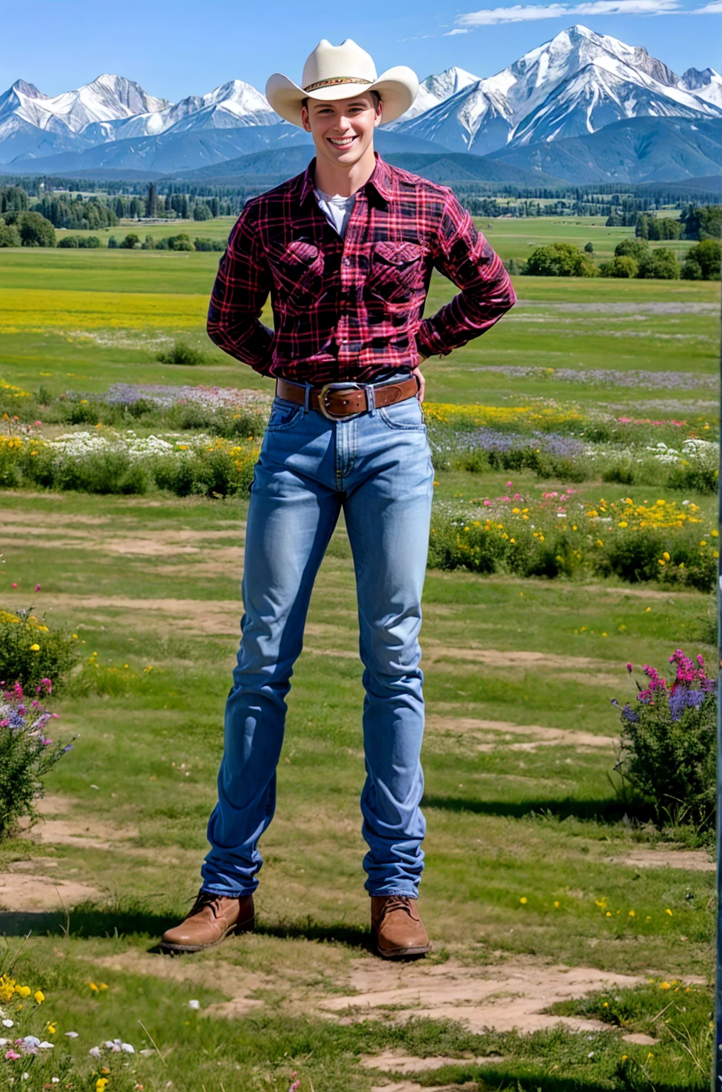 outdoor, Leading a tall and handsome white horse standing on a meadow full of wild flowers, Dustin Kane, Smile, Sexy denim, Cowboy hat, red plaid shirt, Denim blue jeans, belt, shiny silver belt buckle, (((Full body portrait))), Wide Angle, (looking at the audience) background mountains