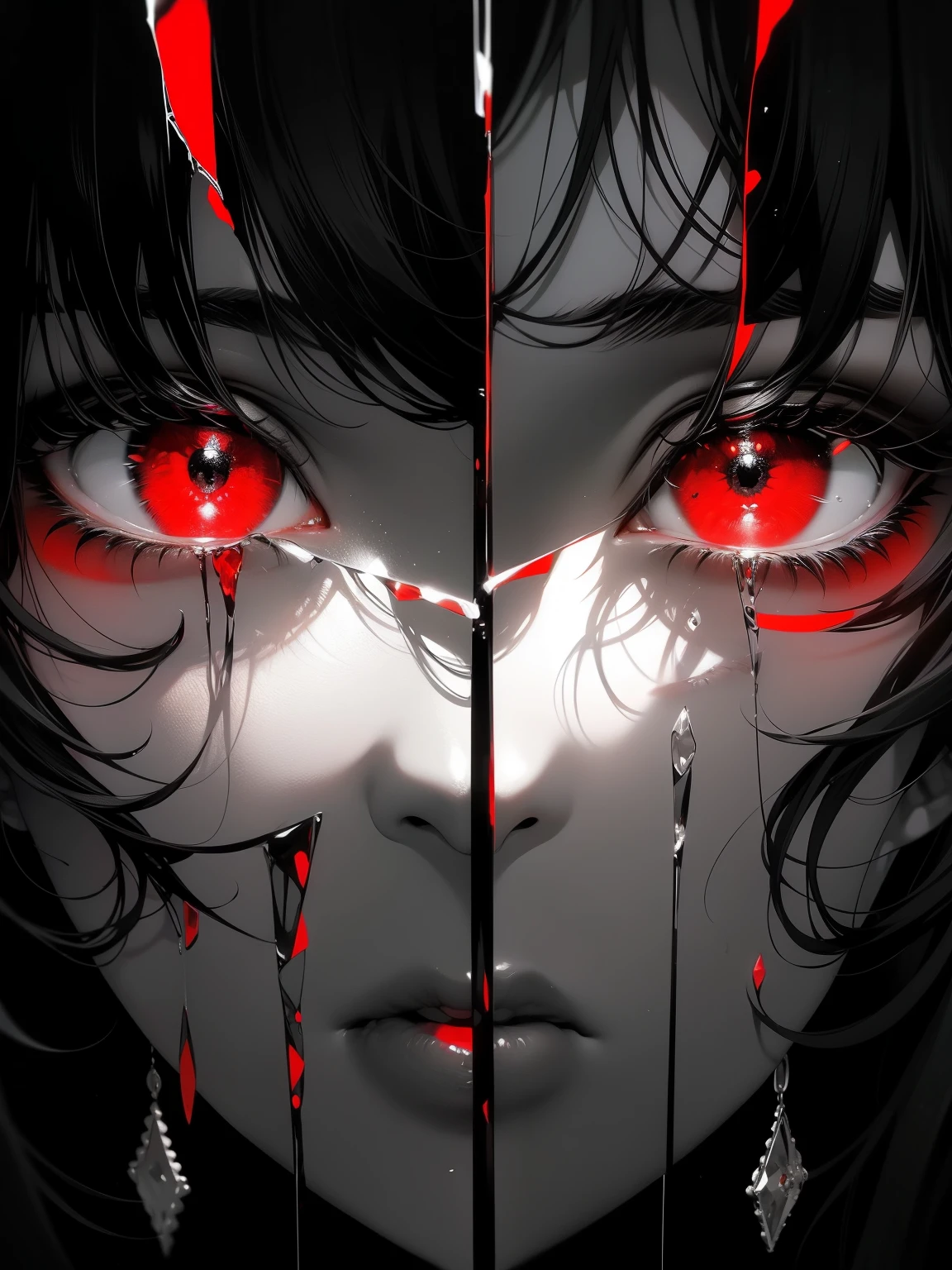 black andwhite，Absolutely beautiful woman，Bust，Broken mirror，Black and white splitting，Red tears，Black and white painting，Broken，sublevel，Black and white，Eroded by darkness and light，symmetry