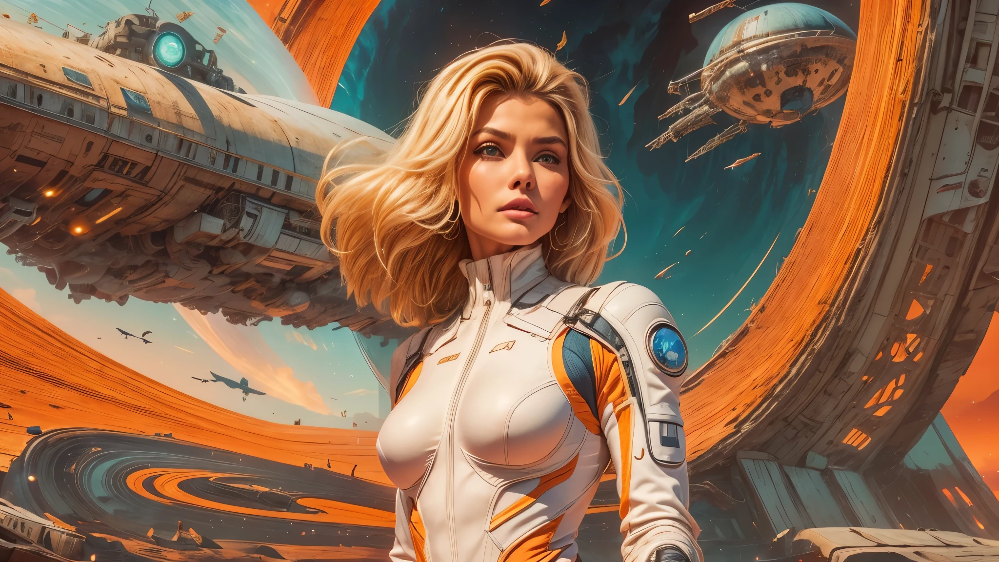 arafed image of a white woman in a futuristic suit with a spaceship in the background, movie art, in front of an orange background, inspired by Robert McGinnis, female protagonist, megastructure in the background, portrait of an ai astronaut, astronauts, an astronaut, portrait of a astronaut skeletor, perfect android girl, detailed eyes, perfectly detailed teeth, frank franzzeta and sakimichan  