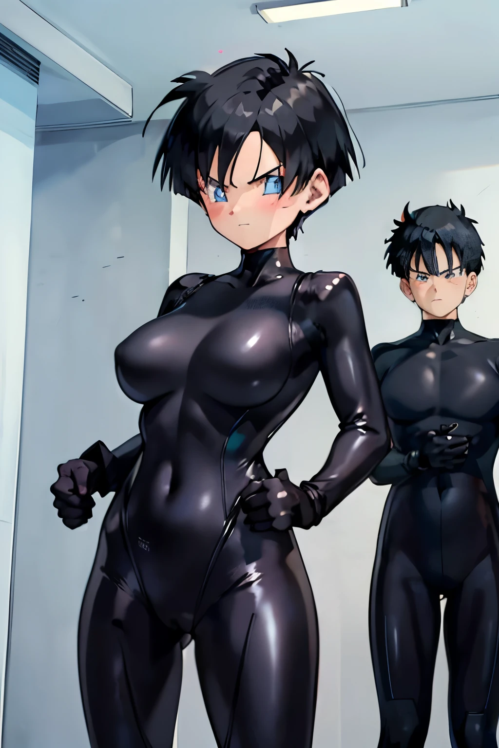 Videl,blue eyes, Black Hair, Spiked Hair,Shortcuts, Big Breasts, Serious face,blush,((Black tight suit:1.4)),storehouse,smile,shy,Open your mouth,Are standing,Place your hands on your hips,Downward