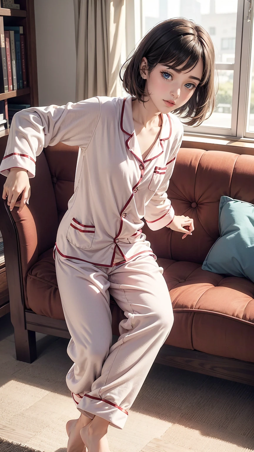 Wearing cute pajamas, graceful, Coquettish, Study Room, sofa, Random fascinating movements, To the camera, Imaginative, First Love