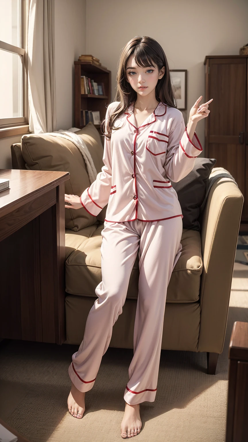 Wearing cute pajamas, graceful, Coquettish, Study Room, sofa, Random fascinating movements, To the camera, Imaginative, First Love