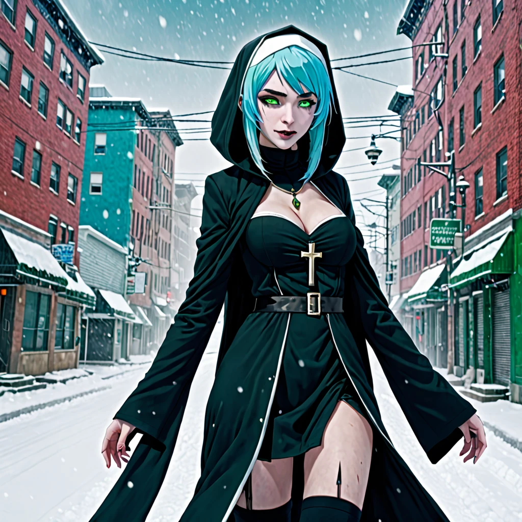 best quality,ultra high res,1girl,solo,full body,snow,city,, blue hair,green eyes,jk, undead nun