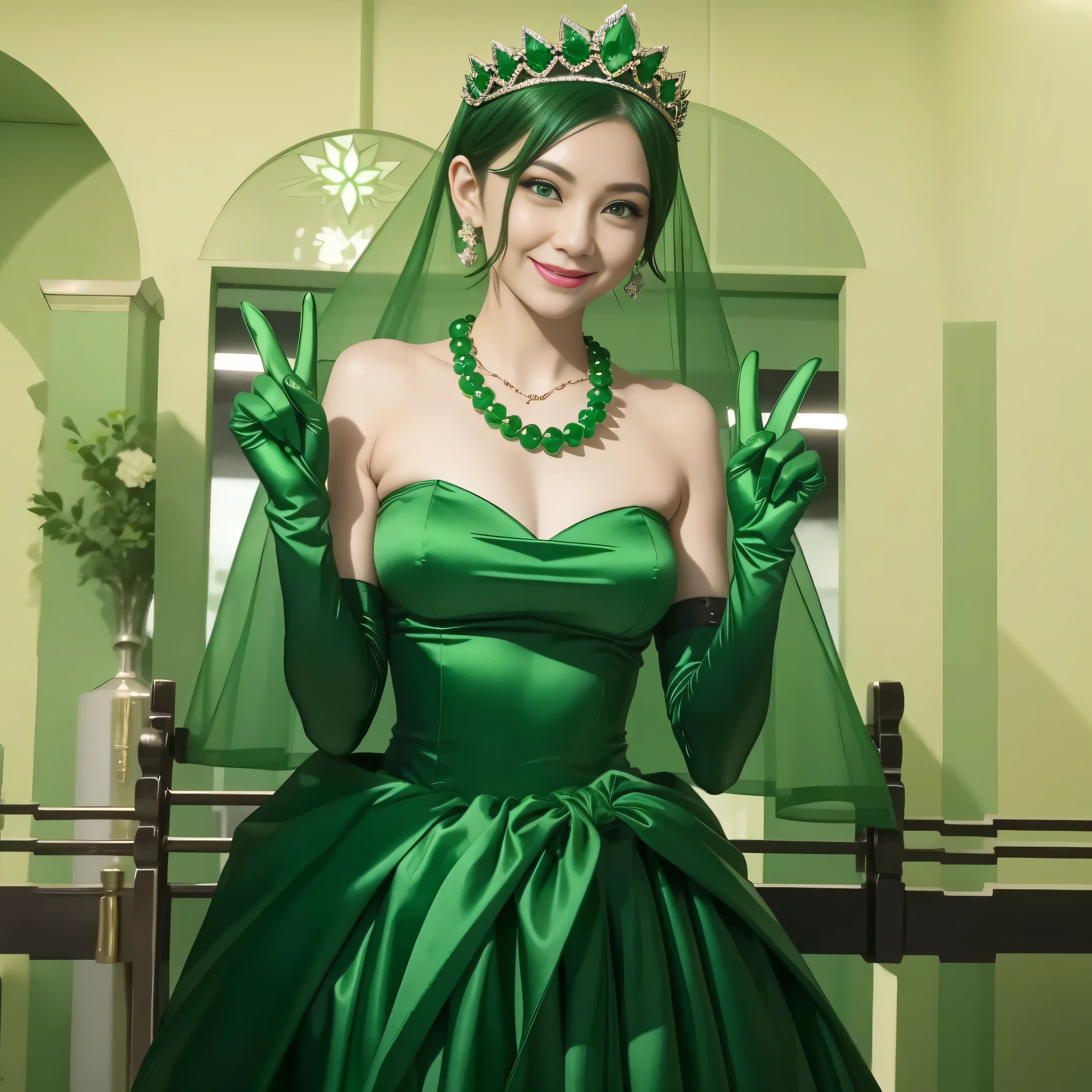 Emerald tiara, Green Pearl Necklace, Boyish very short green hair, lipstick, Smiling Japanese woman, Very short hair, Big and beautiful, Green Eyes, Long green satin gloves, Green Eyes, V sign, Emerald Earrings, Green veil, peace sign
