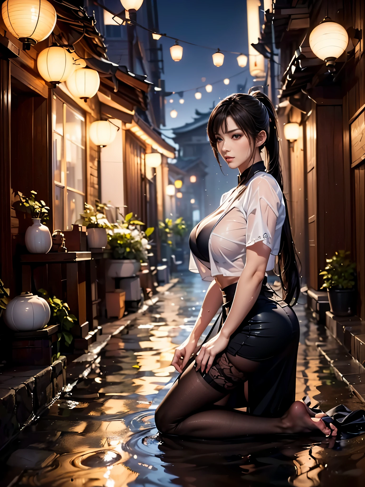 ((Full body portrait of a woman,The background is an alley，There is standing water on the road，Underwear Rain，The woman got wet。The woman has the face of an Asian goddess，长发扎着高High Ponytail，The wet white shirt and one-step skirt，Wearing brown stockings on legs，Woman kneeling on the ground，She looked up at the camera.))，((8k+Ultra-high resolution+Ultra-high definition+masterpiece+Very detailed+Awards+The award-winning)),(Perfect face+Supermodel+Delicate skin+High Ponytail+Huge breasts+Perfect hands+Beautiful hands+Perfect hands指+Beautiful hands指+Perfect legs+Perfect feet),[[[muscle]]],(((Anatomically correct))) ，The picture is extremely sharp，The details are meticulous，High-quality；Clever light handling，Create a dramatic atmosphere；Brushstroke Master，Impeccable professionalism，A haunting work of art。