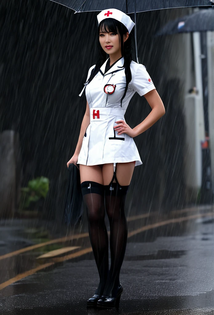 Photorealistic, high resolution, A Japanese Nurse named Jade, Solo, Hips up, (Detailed face), Black hair, Long hair,  Walking in the Rain. Nurse outfit. Black Stockings. Fully clothed Nurse Hat. Realistic hand. Realistic Fingers 