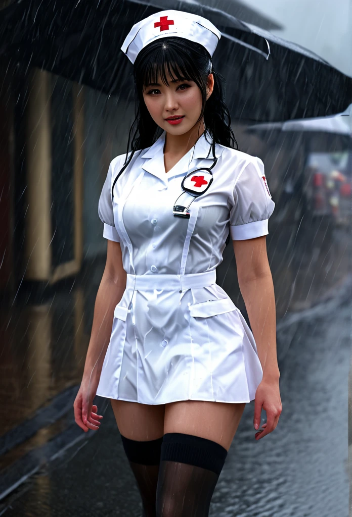 Photorealistic, high resolution, A Japanese Nurse named Jade, Solo, Hips up, (Detailed face), Black hair, Long hair, Walking in the Rain. Nurse outfit. Black Stockings. Fully clothed Nurse Hat. Realistic hand. Realistic Fingers