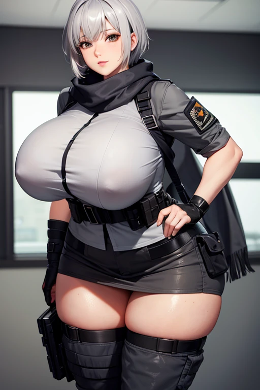 Mommy short gray hair huge with very big and huge breasts wearing tactical uniform scarf very beautiful and very detailed