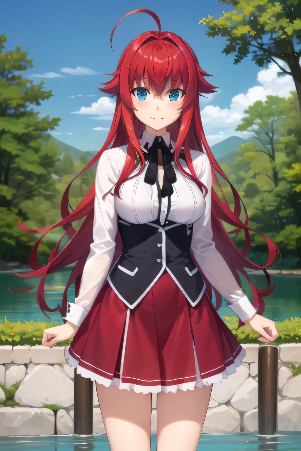 best quality, masterpiece, detailed,
RiasGremory,
1girl, closed mouth, smile, blush,
red hair, long hair, blue eyes, ahoge,
, striped shirt, neck ribbon, black ribbon, black corset, purple skirt, medium breasts,
upper body, standing, idle, looking at viewer,
forest, lake, blue sky