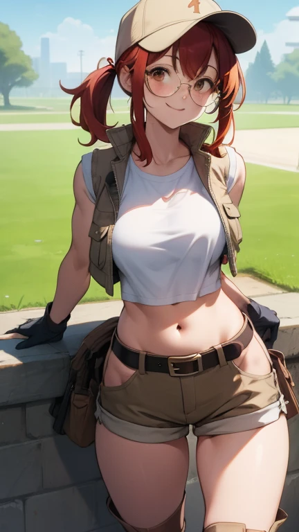 (art, best quality: 1.2), illustration, 8K, high definition, 1, alone, torso, (portrait: 1.2), large breasts, circular glasses, has, upper cut, belly, gloves, navel, baseball cap, protectors knee high, short shorts, ponytailed hair, boots, brown eyes, brown shorts, belt, smile, package, brown belt, red hair, hip opening, vests, long hair, vest,