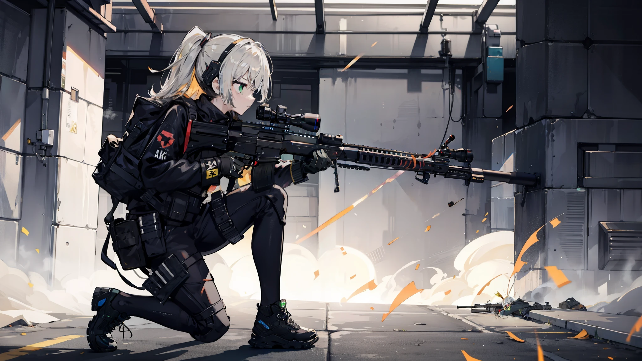 1 girl, solo, {{masterpiece, best quality, extremely detailed CG, unity 8k wallpaper, cinematic lighting, lens flare}}, a girl shooting a rifle, wide view, full body, thick body, long blond hair, green eyes, (holding weapon, holding rifle, aiming, aim, open fire, firing:1.4), gun, h&k hk416, carbine, (side view:1.4)