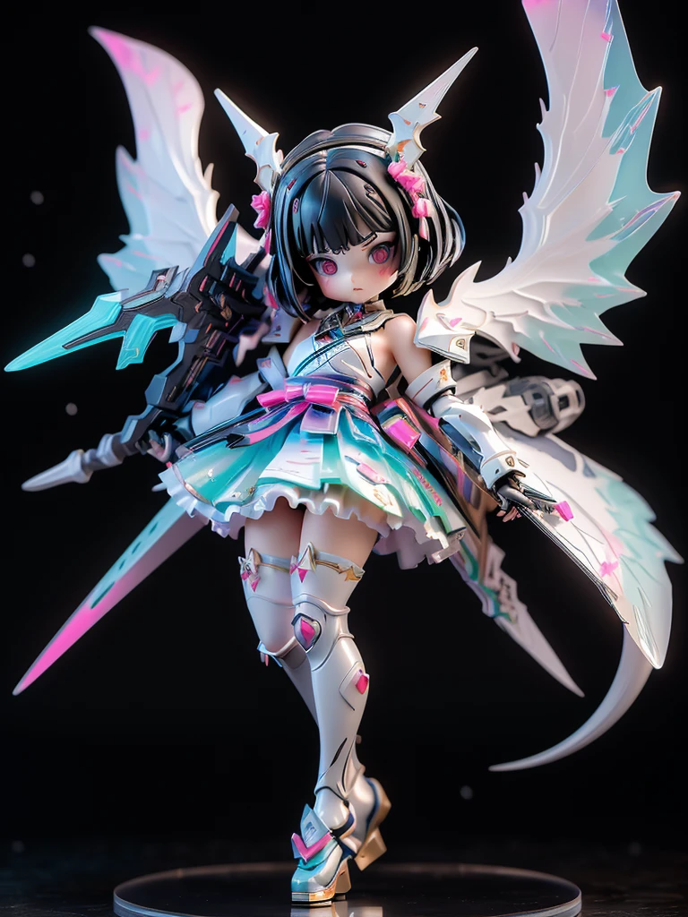 (highest quality)), ((masterpiece)), (very detailed: 1.3), 3D, {(young girl)}, wear gothic ta clothes with white frills, (She is fused with futuristic Gundam mecha), with headgear, with v-fin , armored shoulders,armored under arms, armored under legs, multilayer textureperfect proportions, octane rendering, duotone lighting, Low ISO, wide aperture, White balance, Rule of thirds, ultra HD16k, HDR (High Dynamic Range), Ray Tracing, NVIDIA RTX, Super Resolution, Subsurface Scattering, PBR Texturing, Post Processing, Anisotropic Filtering, Depth of Field, Maximum Clarity and Clarity, High efficiency subpixel, subpixel convolution, particles of light, light scattered, Tyndall effect, full body:1.5, battle pose, cute, (cute:1.2), (bob cut:1.3),Braid, Black Hair, Thick eyebrows, Light-colored irises, Big, bright black eyes, Long eyelashes, Small, light-colored, natural lips, (Average face of Japanese idols), (The uniquely Japanese childlike face:1.3), (baby face), Wide forehead:1.2, Plump Cheeks, Small jaw, visible side boob, (holding a huge weapon:1.5), in the hangar,looking at viewer,Focus on the eyes , (Four perfect fingers, One thumb),