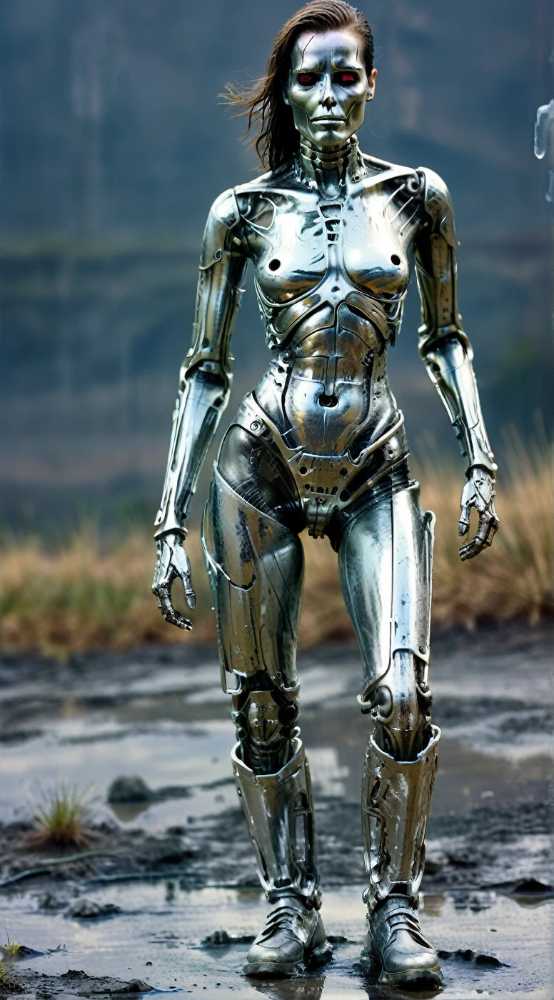 solvique full body female terminator on the battlefield, made of melting silver liquid, cinematic, enigmatic,  expressive , walking to me, sarcastic smile , (( mechanical body, partially visible mechanical skeleton))