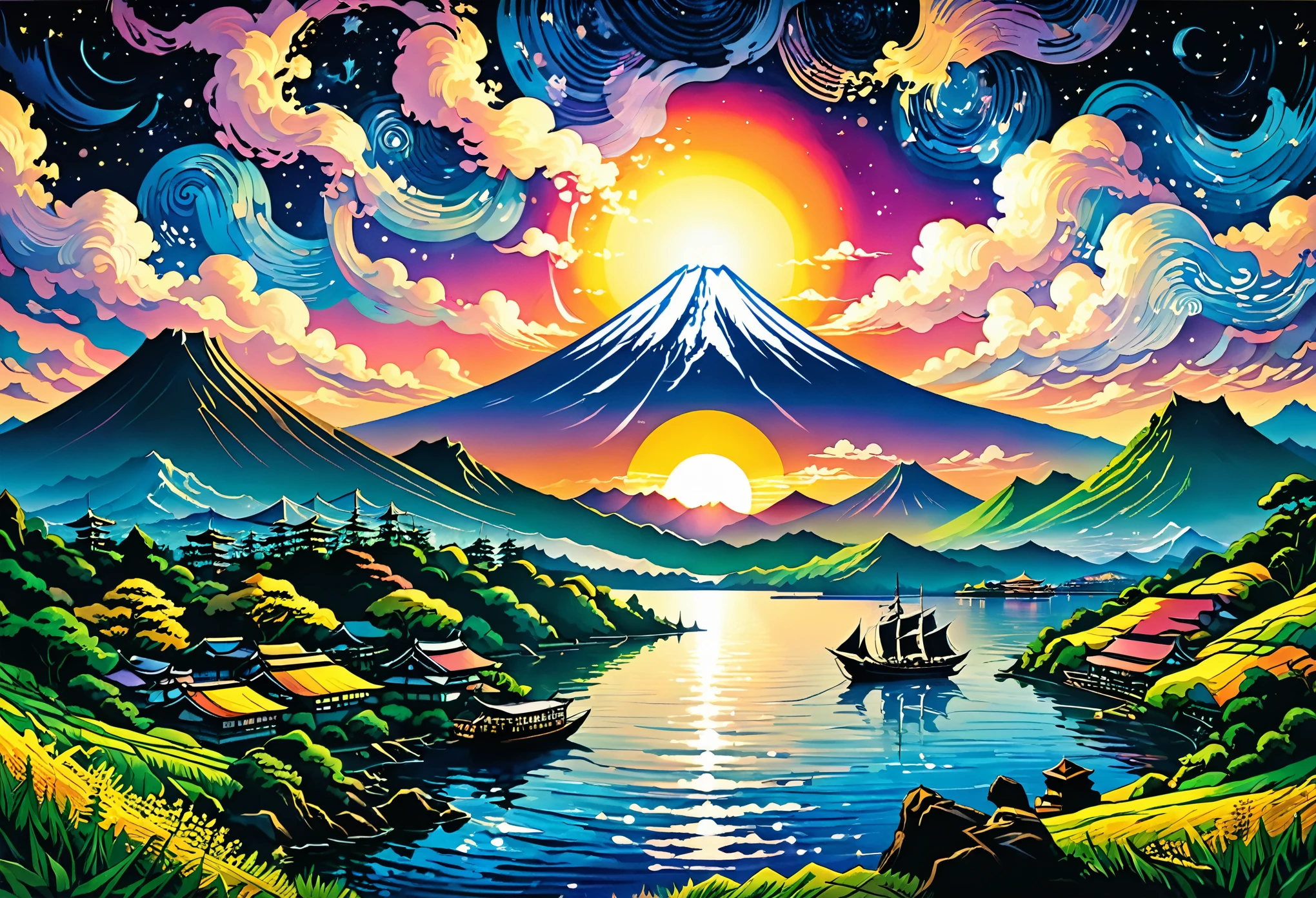 (Night lake illustration),
Natureza, sunset, ( Lago Kawaguchi e Monte Fuji), navio de cruzeiro de lazer em forma de navio pirata, Vista espetacular, Melhor qualidade, obra de arte, detalhe intericado