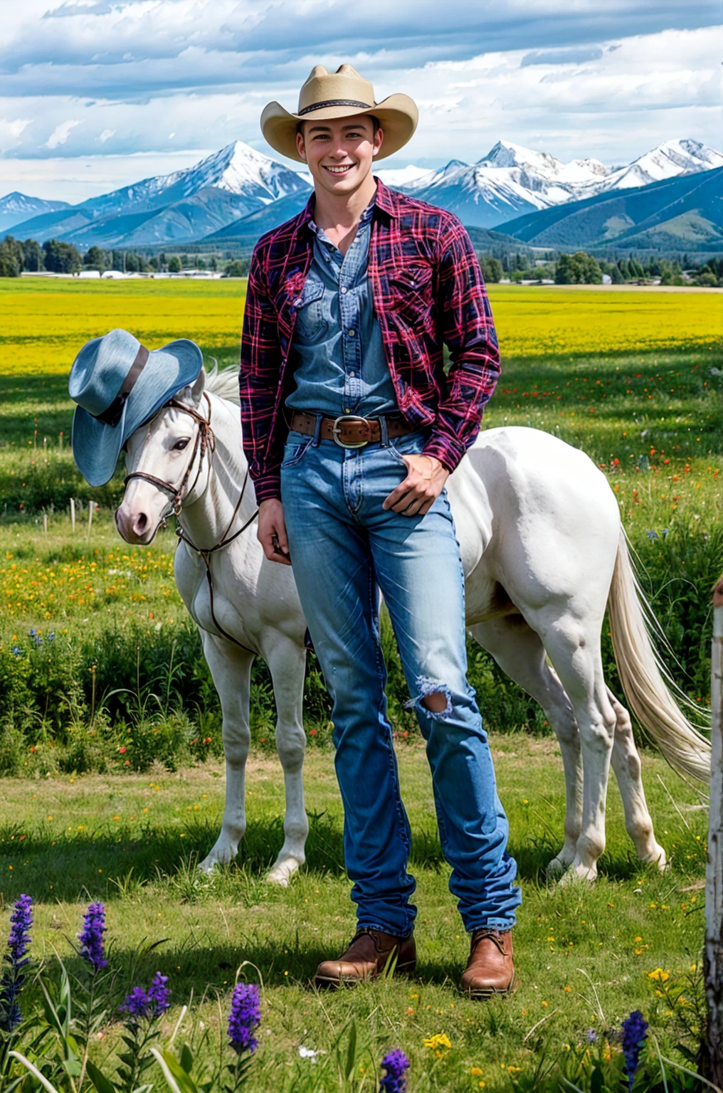 outdoor, Sit on a meadow full of wildflowers,There are two white horses eating grass behind Dustin Kane, Smile, Sexy denim, Cowboy hat, red plaid shirt, Denim blue jeans, belt, shiny silver belt buckle, (((Full body portrait))), Wide Angle, (looking at the audience) background mountains