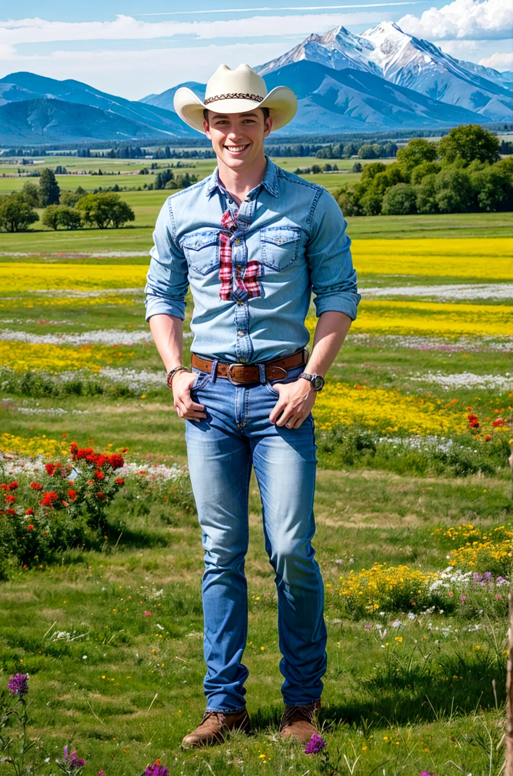 outdoor, Sit on a meadow full of wildflowers,There are two white horses eating grass behind Dustin Kane, Smile, Sexy denim, Cowboy hat, red plaid shirt, Denim blue jeans, belt, shiny silver belt buckle, (((Full body portrait))), Wide Angle, (looking at the audience) background mountains