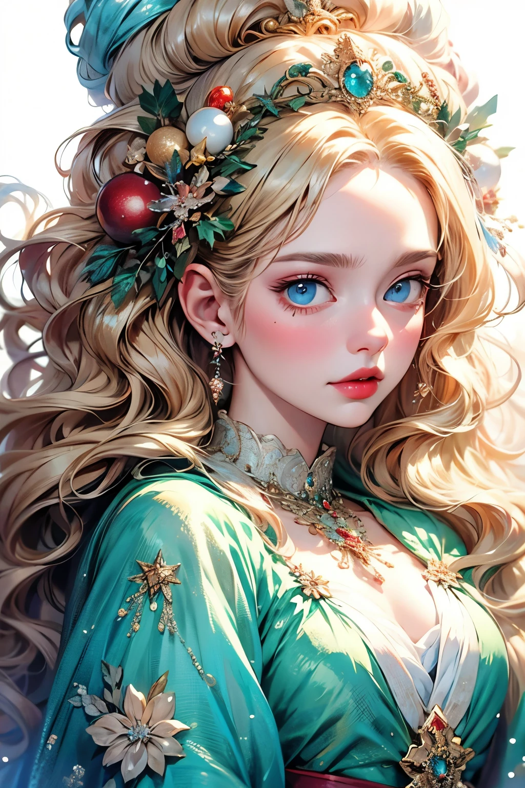 Beautiful portrait of queen, Blonde Hair, Perfect blue eyes, brilliant, impossible striking big Christmas headpiece, Clothes Santa Claus Robe, Everything Christmas, snow, Symmetrical, Drama Studio Lighting, Rococo, Baroque, Green vegetables, Asian, Surrealism, close up, D&D, fantasy, Wheels within wheels, elegant, Very detailed, number, art station, Octane Rendering, 8K, concept art, matte, Clear focus