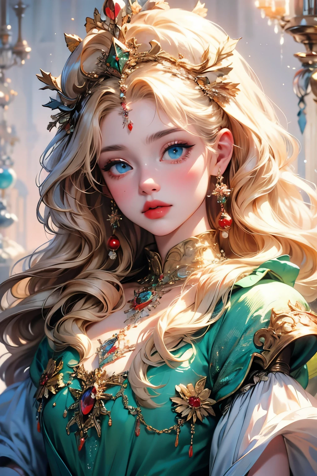 Beautiful portrait of queen, Blonde Hair, Perfect blue eyes, brilliant, impossible striking big Christmas headpiece, Clothes Santa Claus Robe, Everything Christmas, snow, Symmetrical, Drama Studio Lighting, Rococo, Baroque, Green vegetables, Asian, Surrealism, close up, D&D, fantasy, Wheels within wheels, elegant, Very detailed, number, art station, Octane Rendering, 8K, concept art, matte, Clear focus