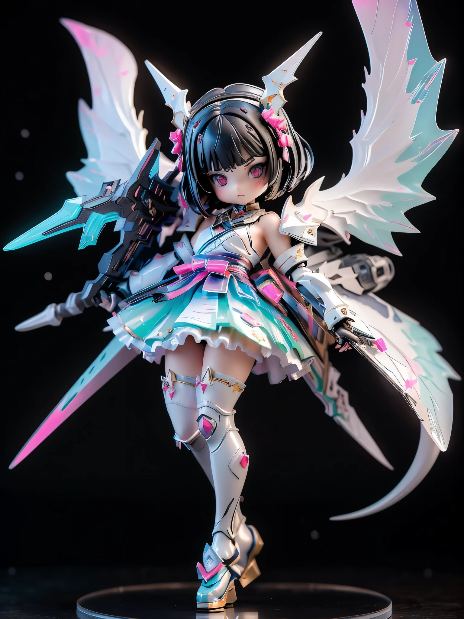 (highest quality)), ((masterpiece)), (very detailed: 1.3), 3D, {(young girl)}, wear gothic lolita clothes with white frills, (She is fused with futuristic Gundam mecha), with headgear, with v-fin , armored shoulders,armored under arms, armored under legs, multilayer textureperfect proportions, octane rendering, duotone lighting, Low ISO, wide aperture, White balance, Rule of thirds, ultra HD16k, HDR (High Dynamic Range), Ray Tracing, NVIDIA RTX, Super Resolution, Subsurface Scattering, PBR Texturing, Post Processing, Anisotropic Filtering, Depth of Field, Maximum Clarity and Clarity, High efficiency subpixel, subpixel convolution, particles of light, light scattered, Tyndall effect, full body:1.5, battle pose, cute, (cute:1.2), (bob cut:1.3),Braid, Black Hair, Thick eyebrows, Light-colored irises, Big, bright black eyes, Long eyelashes, Small, light-colored, natural lips, (Average face of Japanese idols), (The uniquely Japanese childlike face:1.3), (baby face), Wide forehead:1.2, Plump Cheeks, Small jaw, visible side boob, (holding a huge weapon:1.5), in the hangar,looking at viewer,Focus on the eyes , (Four perfect fingers, One thumb),