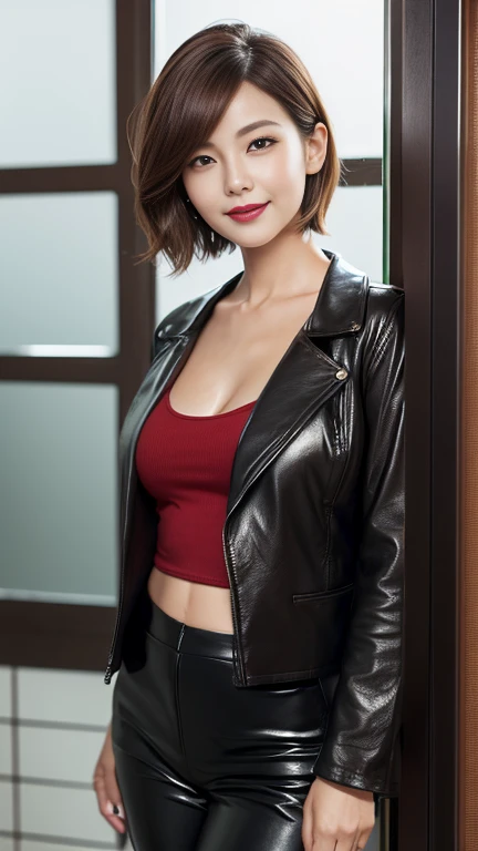 masterpiece,highest quality, (1 milf、38 years old), ((close:0.5)), ((Cross Arm)), glare, wool jacket,genuine leather pants、 white shirt, double eyelid, eyelash, lip gloss, (smile:1), ((close your eyes:0.85)), ((looking at the viewer、The whole body is reflected、Are standing)), to be born, (From above:0.2), ((no one)), （office）、written boundary depth、Pointy red mouth、(reddish brown wet shiny short hair,,,,,,,,,),red mouth,clavicle、full body portrait、digital illustration, (Photoreal:1.3),(Raw photo.)
