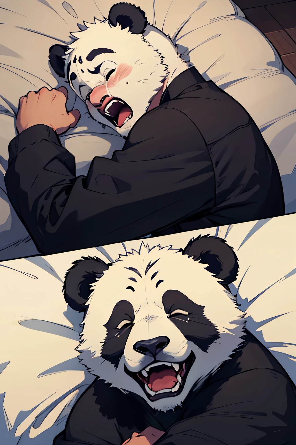 guy, dude, male, with panda ears, masculine, 2d scared screaming face with eyes popping out looking to the left side, but make it more terrified, horrified, eyes riddled in tears, male, guy, dude with panda ears, SLEEPING, ASLEEP, EYES CLOSED, sleepy