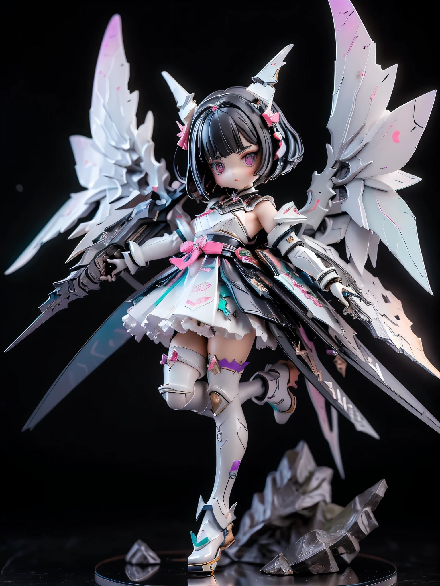 (highest quality)), ((masterpiece)), (very detailed: 1.3), 3D, {(young girl)}, wear gothic lolita clothes with white frills, (She is fused with futuristic Gundam mecha), with headgear, with v-fin , armored shoulders,armored under arms, armored under legs, multilayer textureperfect proportions, octane rendering, duotone lighting, Low ISO, wide aperture, White balance, Rule of thirds, ultra HD16k, HDR (High Dynamic Range), Ray Tracing, NVIDIA RTX, Super Resolution, Subsurface Scattering, PBR Texturing, Post Processing, Anisotropic Filtering, Depth of Field, Maximum Clarity and Clarity, High efficiency subpixel, subpixel convolution, particles of light, light scattered, Tyndall effect, full body:1.5, battle pose, cute, (cute:1.2), (bob cut:1.3),Braid, Black Hair, Thick eyebrows, Light-colored irises, Big, bright black eyes, Long eyelashes, Small, light-colored, natural lips, (Average face of Japanese idols), (The uniquely Japanese like face:1.3), (baby de forehead:1.2, Plump Cheeks, Small jaw, visible side boob, (holding a huge weapon:1.5), in the hangar,looking at viewer,Focus on the eyes , (Four perfect fingers, One thumb),