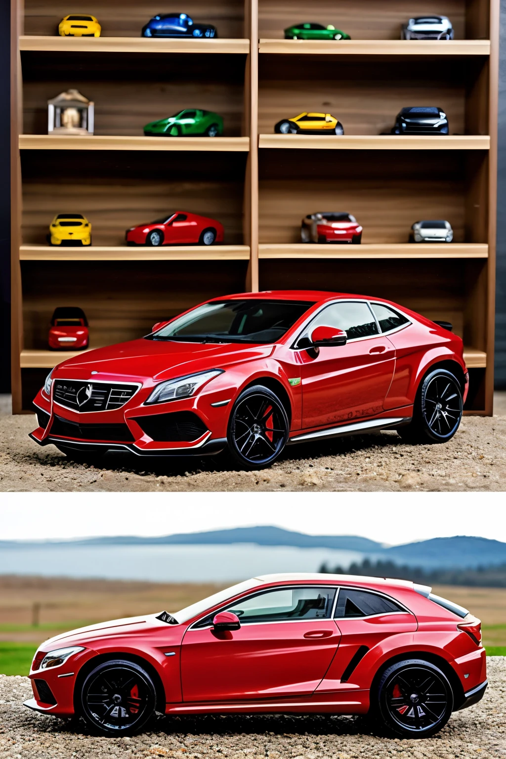 cedar shelving, on the shelves there are toy models of famous car brands: Mercedes, Lamborghinis, Peugeot, Fiat, Cadillac, and others. High quality, detailing, soft lighting, which plays on the models and emphasizes the graceful lines of the car.
((best quality)), ((masterpiece)), (detailed), perfect face