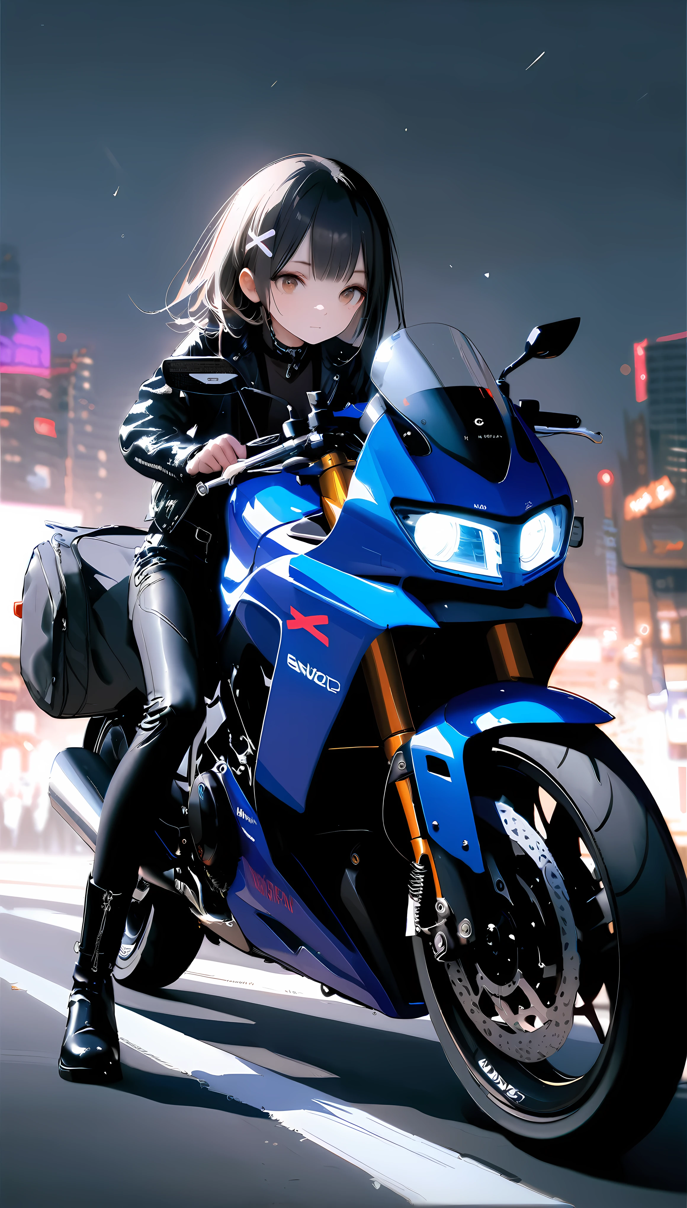 [artist:ningen_mame],[artist:sho_(sho_lwlw)],[artist:mignon],[artist:kedama milk],[artist:ask_(askzy)],artist:wanke,artist:wlop,artist:fujiyama,year 2024,8k,cyberpunk style,1girl,(Miyu Edelfelt),black hair,brown eyes,small chest,x hair ornament,Tight leather jacket and leather pants cover the whole body,High-heeled leather boots,(riding purple SUZUKI GW250 motorcycle),Beautiful,Glowing special effects,celluloid style,Flat coating,HD,CG art,comics,8K,looking into camera,high quality,illustration,Vaporwave style,rim light,movie lighting,Super detailed,complex,OC renderer,cinematic perspective,high resolution