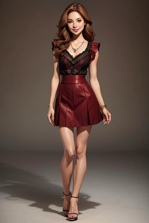 (full body:1.4). Gorgeous hapa woman, with light brown hair.(short),(pale:1.3), beautiful figure,(smile:1.1), Lace top, ruffle skirt, high heels, necklace.