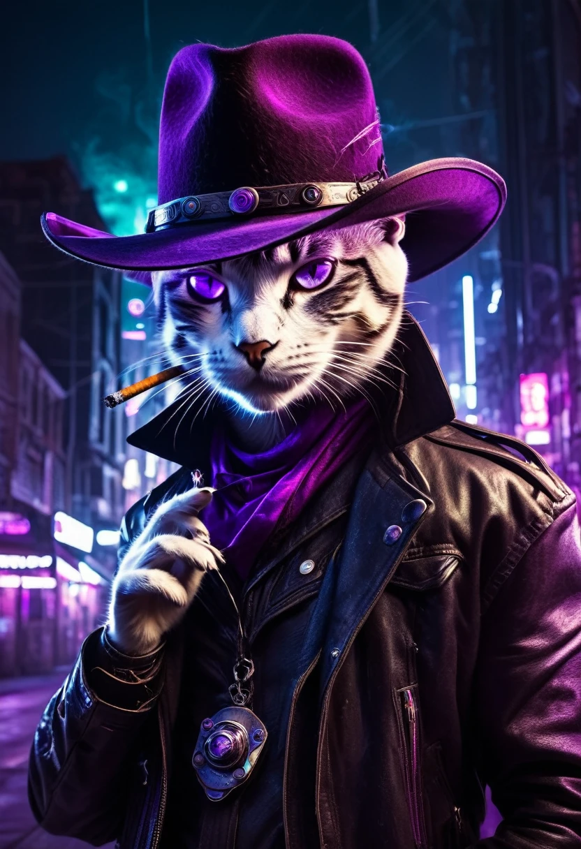 Anthropomorphic Cat with purple eyes wearing stetson cowboy hat smoking a cigarette in a cyberpunk city at night