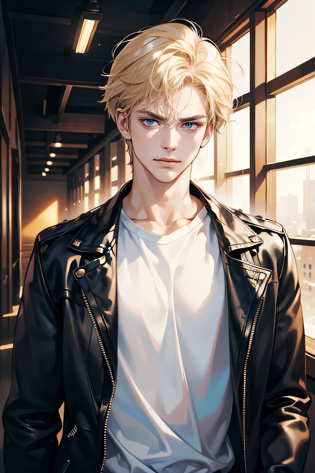 (tmasterpiece, high resolution, ultra - detailed:1.0), (1 boy, Young male, masculine face), Perfect male body, Adult male, Delicate blue eyes and delicate face, Extremely detailed CG, Unity 8k wallpaper, Complicated details, Detailed face, (blond hair, messy hair, serious faces, white T-shirt,Bad students), (frown,evil smile:1.3), Standing in school corridor,black leather jacket, color difference, Depth of field, dramatic shadow, Ray tracing, Best quality, Cinematic lighting, offcial art,Portrait
