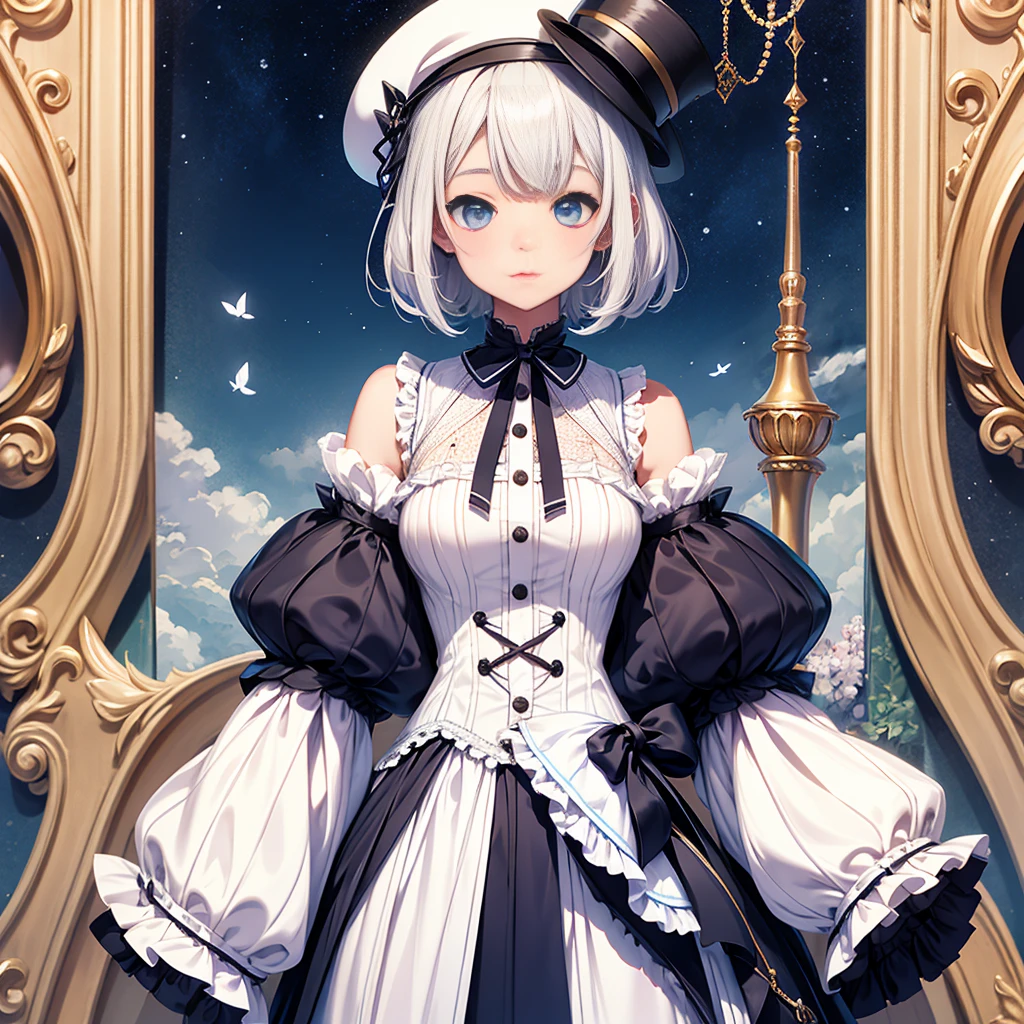 One girl、highest quality、VTuber - whole body、Milky white short hair、masterpiece、Official Art、The best configuration、Long straight hair with milky white top and blue tips、Herringbone hat、Sherlock Holmes costumes、